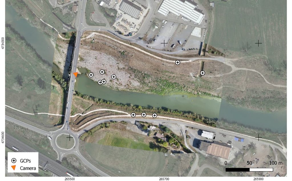 High -resolution orthophoto of the study site of the Adunata Bridge on the Paglia River acquired on 1 September 2021. The orange triangle indicates the position of the monitoring system, while white markers represent the GPCs.
Background: Google Earth image.